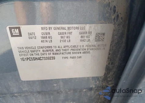 2012 Chevrolet Cruze Ls z USA, uszkodzony, nr VIN 1G1PC5SH4C7339239